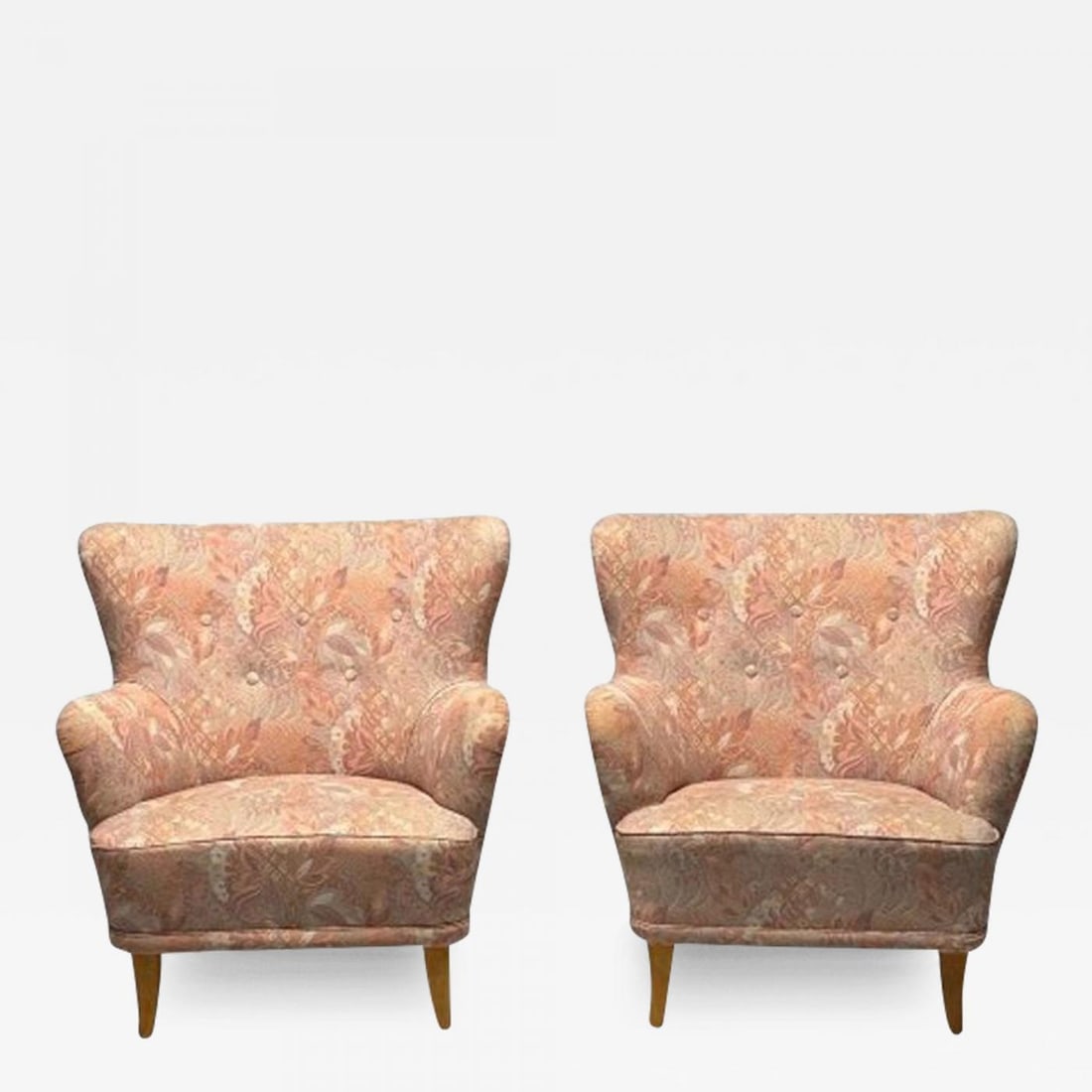 Ilmari Lappalainen, Finnish Mid-Century Modern, Laila Lounge Chairs, Floral: Ilmari Lappalainen, Asko, Swedish Mid-Century Modern, Laila Lounge Chairs, Floral Fabric, Beechwood Pair of 'Laila' lounge chairs designed by Ilmari Lappalainen and produced by Asko in Finland, circa