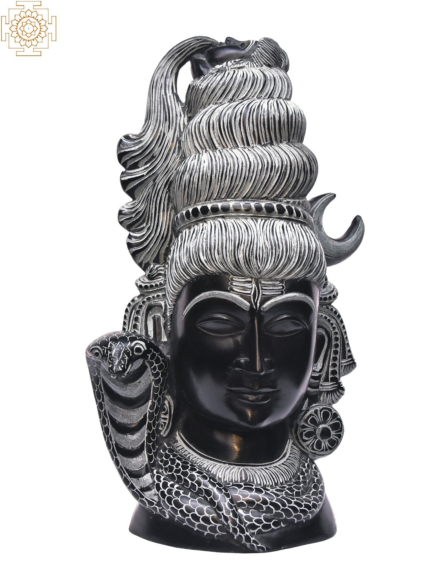 12" Lord Shiva Head | Mahabalipuram Stone Sculptures: 12.00 inch Height X 4.00 inch Width X 4.00 inch Depth Whose Jata (locks) is the abode to the celestial stream- Ganga, that Gangadhara Mahadeva enlivens this black stone statue with his divine presence
