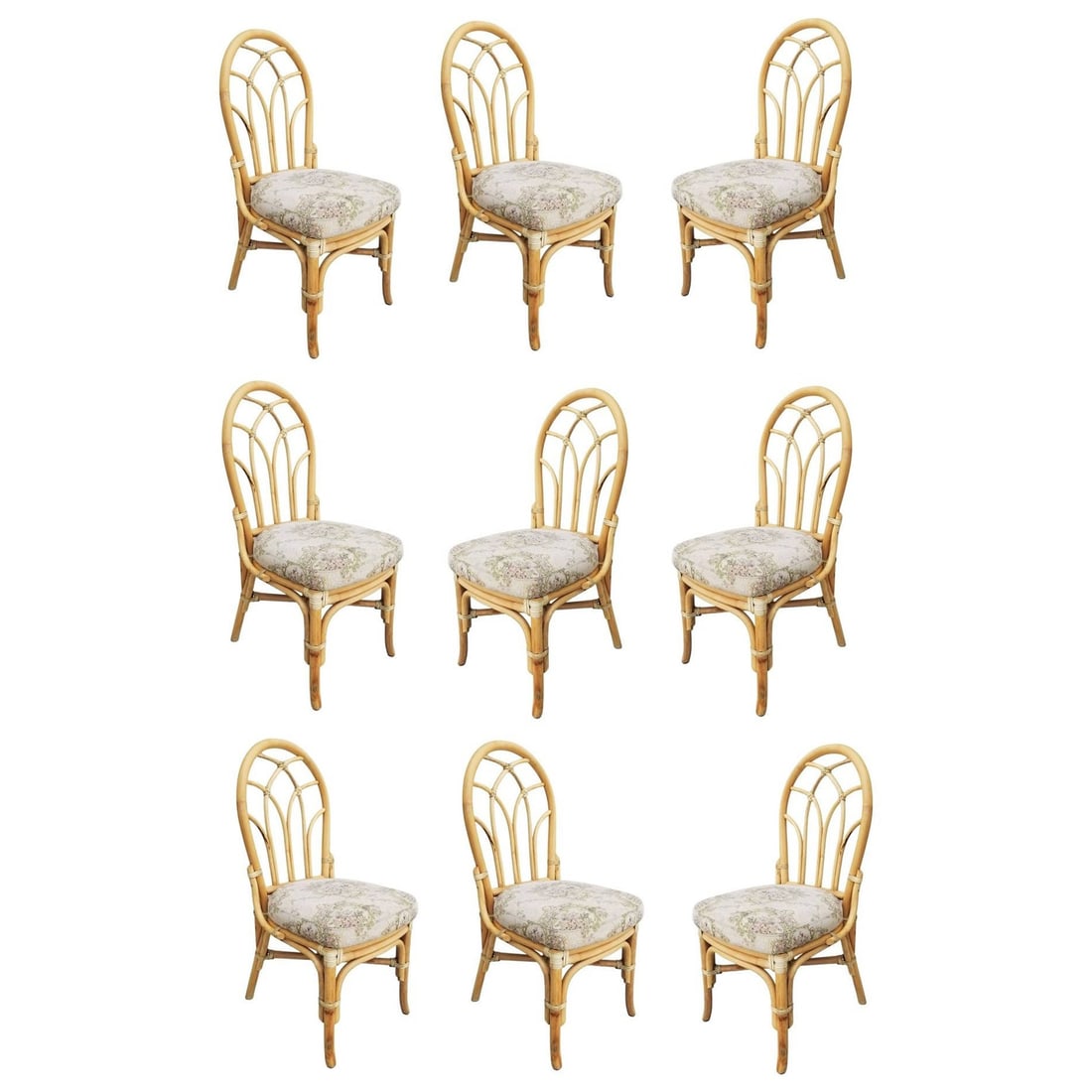 Restored Midcentury 3 Strand Rattan Floral Back Dining Chairs, Set of 9: Title: Restored Midcentury 3 Strand Rattan Floral Back Dining Chairs, Set of 9 Additional Information: Set of 9 rattan dining chairs with an organic floral-like style back design. The seats are uphols