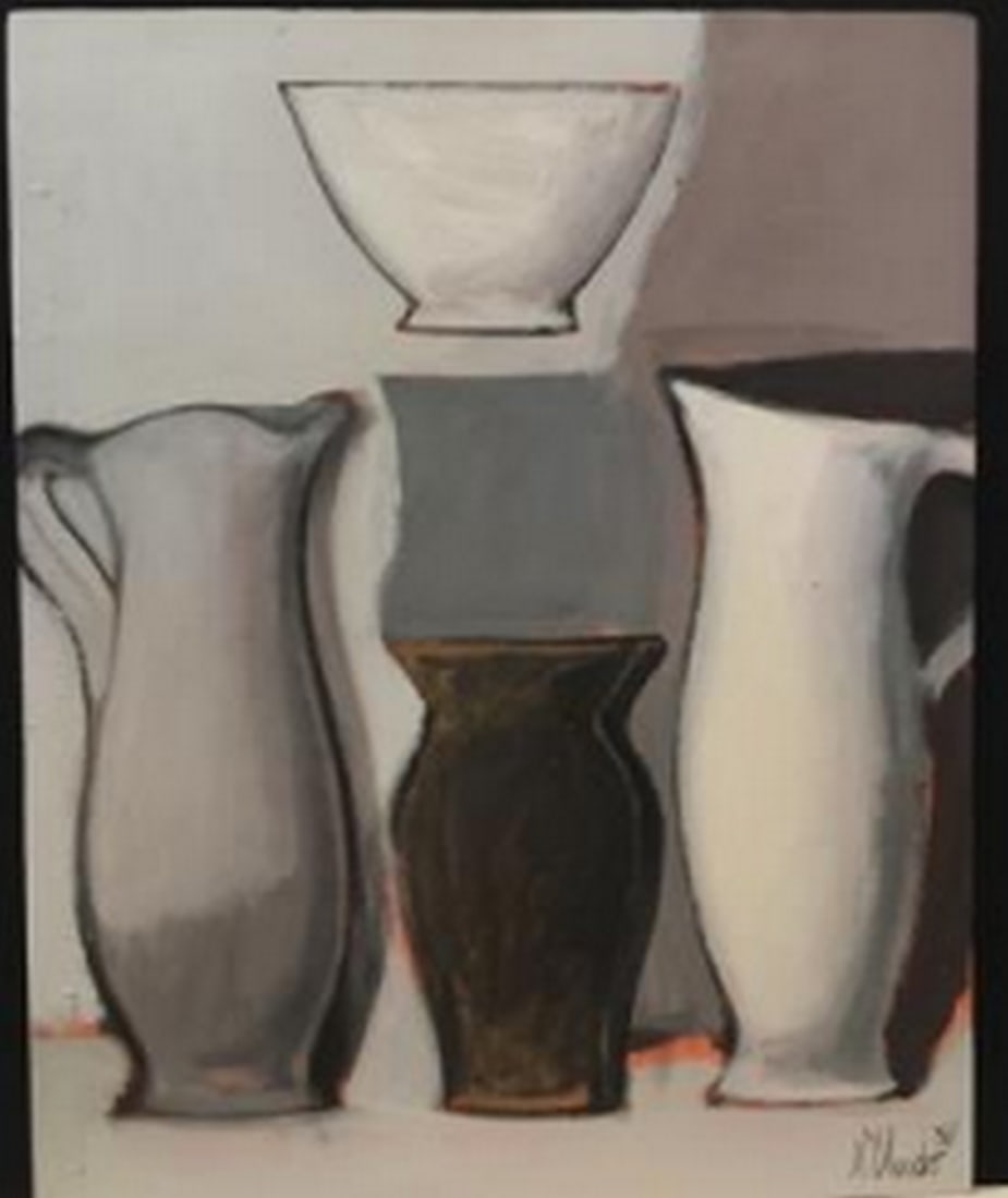 Federico Velludo (Italian) Still life with Pitchers and Vases, 1987: Oil painting on masonite. Signed and dated lower right “Velludo 87 Dimensions: 19¾’ x 15 ¾” Reserve: $100.00 Shipping: Domestic: Flat-rate of $30.00 to anywhere within the