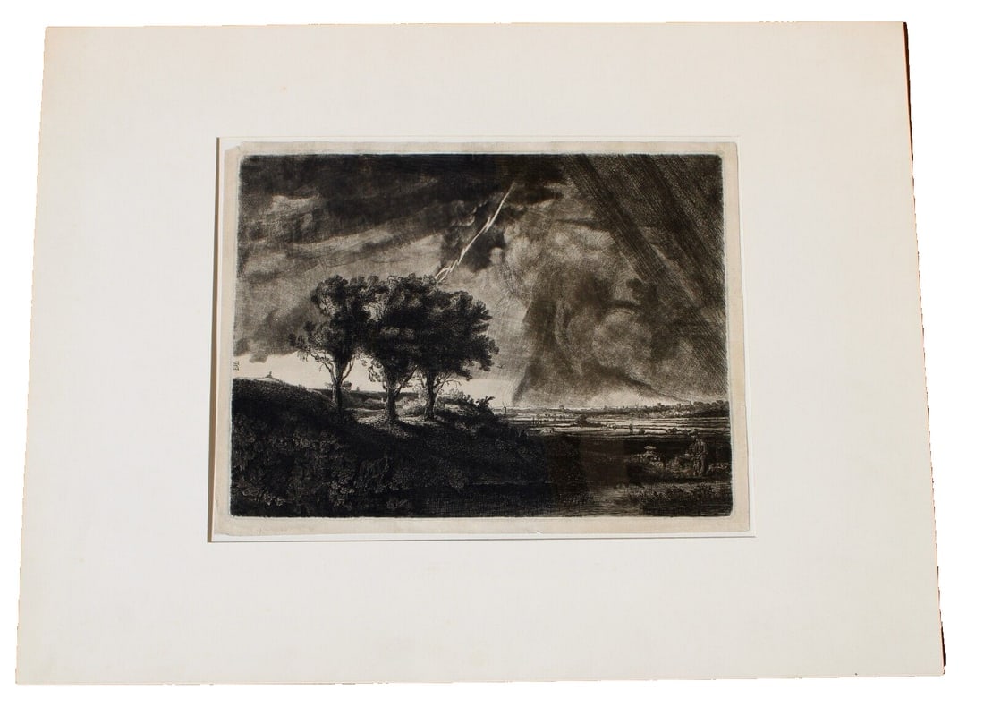 WILLIAM BAILLIE (1723-1810) Engraving Landscape after Rembrandt compare at $904: CAPTAIN WILLIAM BAILLIE (1723-1810). Die drei Baume (The Three Trees), Landscape with THREE TREES after Rembrandt, engraving on chain laid paper, initialed on the plate center left in design, inscribe