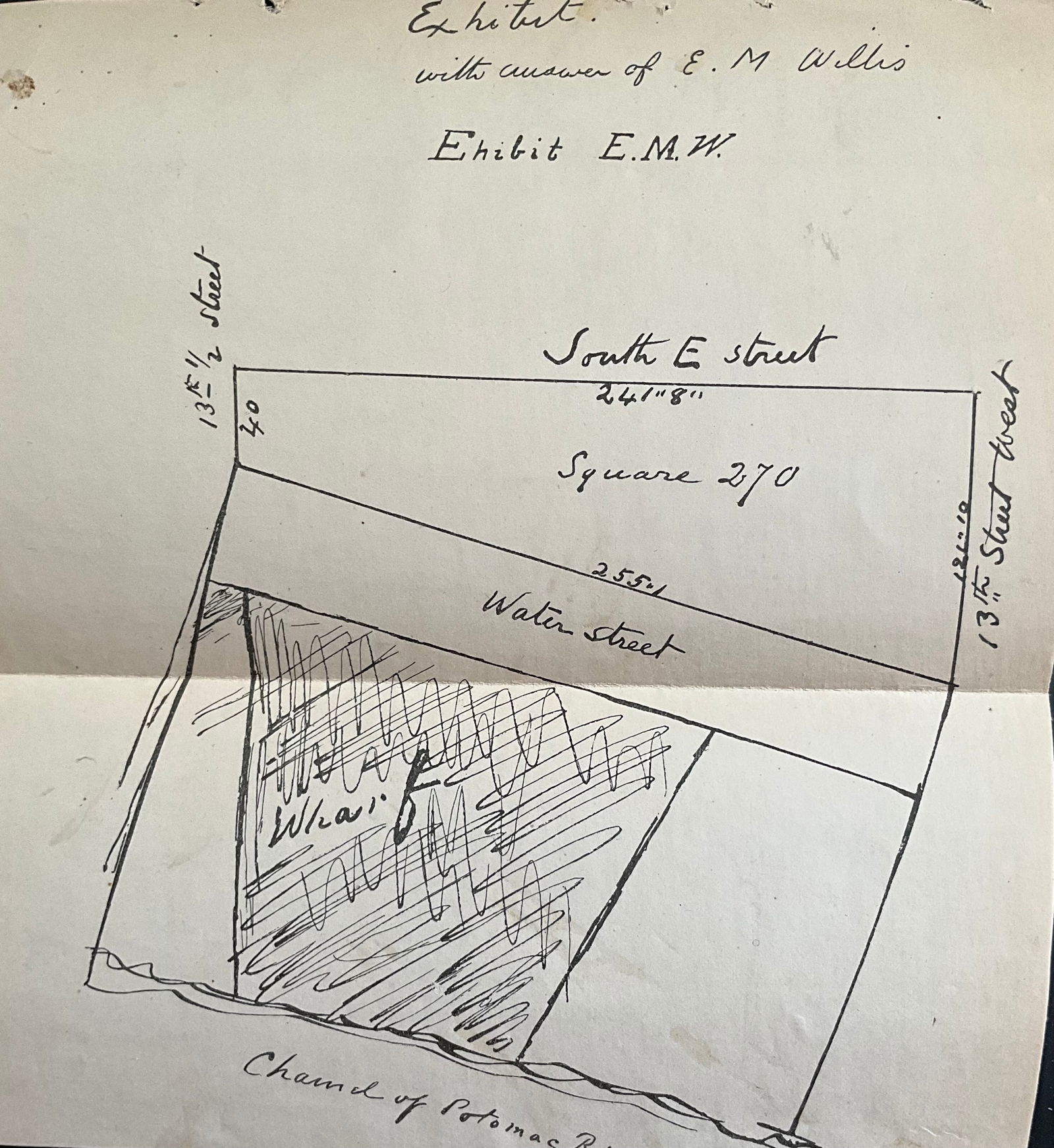 VERY RARE. Washington D.C from a Supreme Court Exhibit: Title: VERY RARE. Washington D.C from a Supreme Court Exhibit Date/Period: c1879-1899 Size: 8” x 8 3/4” This hand-drawn map depicts South E Street in Washington, D.C. It is extremely rare
