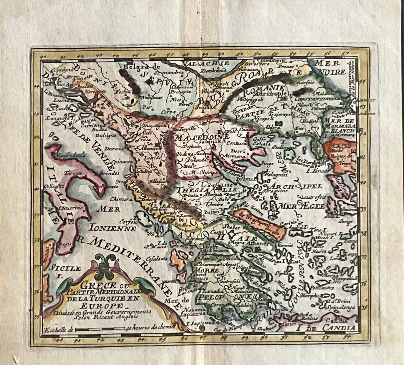1682 Greece and lower Balkans by J. Peeters: Title: 1682 Greece and lower Balkans by J. Peeters Date/Period: 1682 Materials: Hand colored, copperplate engraved Size: 6 1/4 x 5 3/4” This antique map, created by J. Peeters and published in A