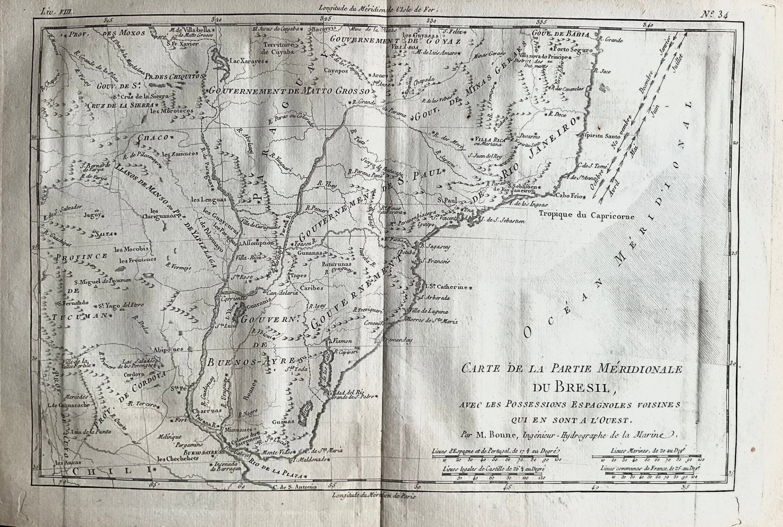 1775-1780 Uruguay, Northern Argentina, Southern Brazil, and Rio de Janeiro. By Bonne & Raynal: Title: 1775-1780 Uruguay, Northern Argentina, Southern Brazil, and Rio de Janeiro. By Bonne & Raynal Date/Period: 1775-1780 Materials: Copperplate engraved Size: 9 1/2” x 14 1/2” This map,