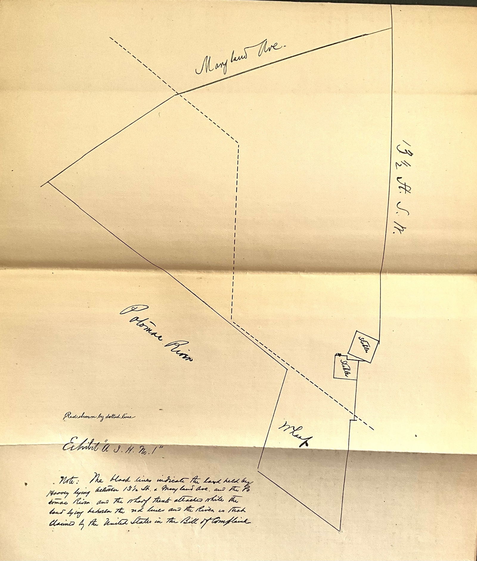 VERY RARE Washington D.C from a Supreme Court Exhibit: Title: VERY RARE Washington D.C from a Supreme Court Exhibit Date/Period: c1879-1899 Size: 9” x 10 1/2” This hand-drawn map depicts Maryland Avenue and the Potomac River, originating from
