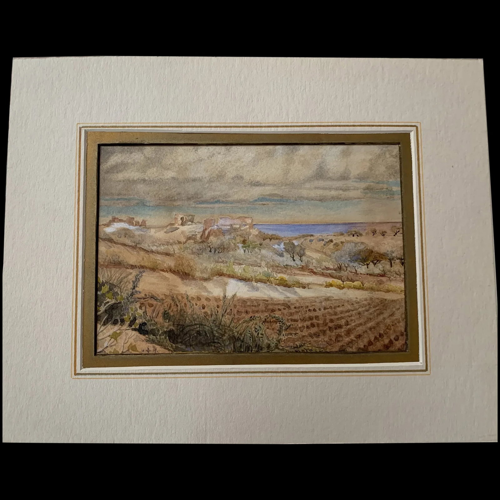 1886. Ascalon, Palastine. Ruins of Castle. Watercolour.: Ascalon, Palastine. Watercolor dated 1886. Writen at the back "Ascalon. Ruins of Castle built by Richard Coeur de Leon and his soldiers". Size: 33x25,8 cms. Condition: good. Background: In 1187, Salad