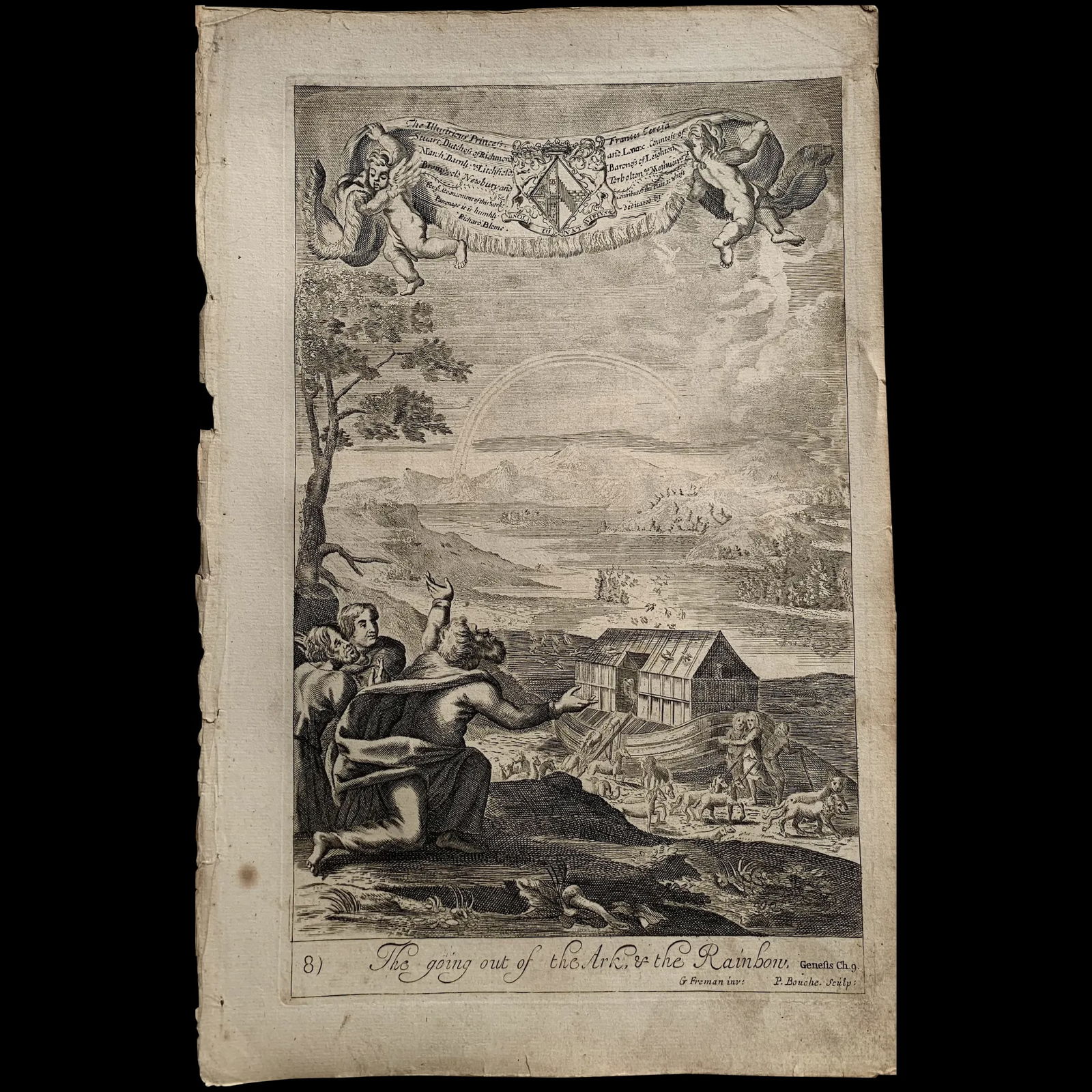 Noah's Ark and the Flood. Original antique engraving after G Freman, 17th century. (1 of 3)