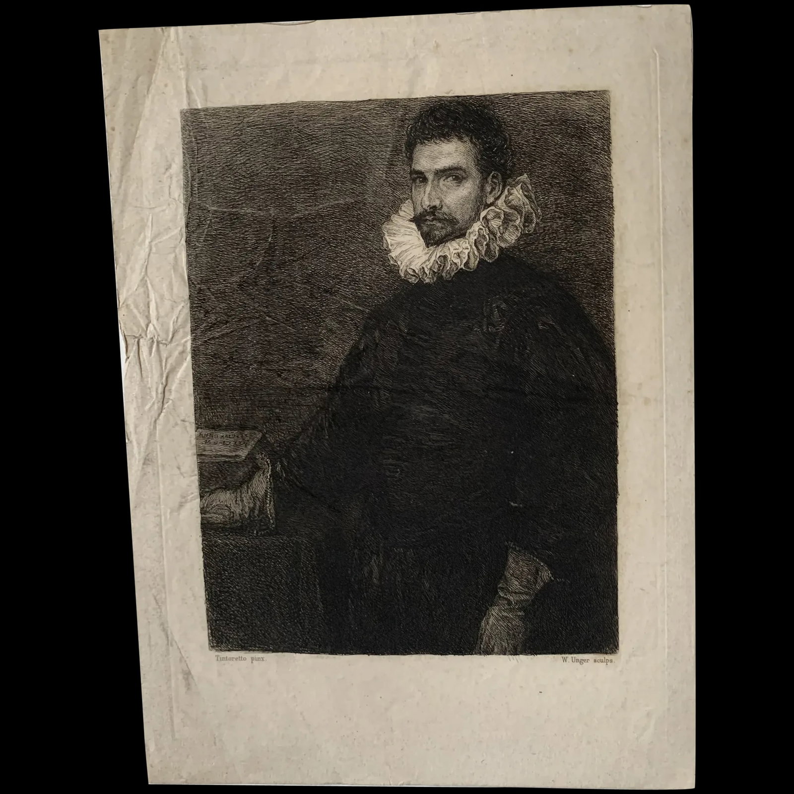Portrait of a man, by William Unger after Tintoretto - 1879 etching: Portrait of a man. Engraver: William Unger (1837-1932). Artist: after Jacopo Tintoretto (about 1518 - 1594). Media / technique: ink on paper, etching. Provenance: Les Oeuvres de William Unger, a bound