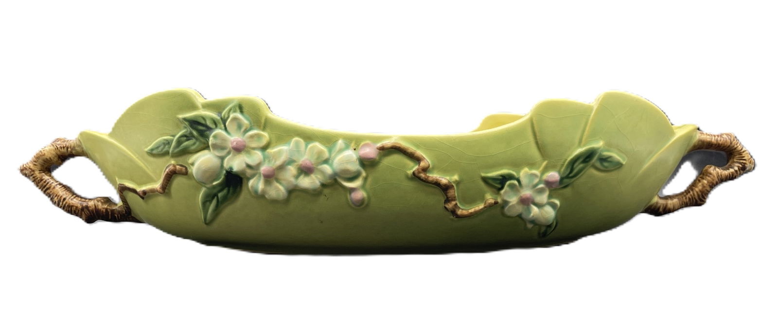 ROSEVILLE POTTERY APPLE BLOSSOM 333-14 DOUBLE HANDLED GREEN CONSOLE BOWL (1 of 8)