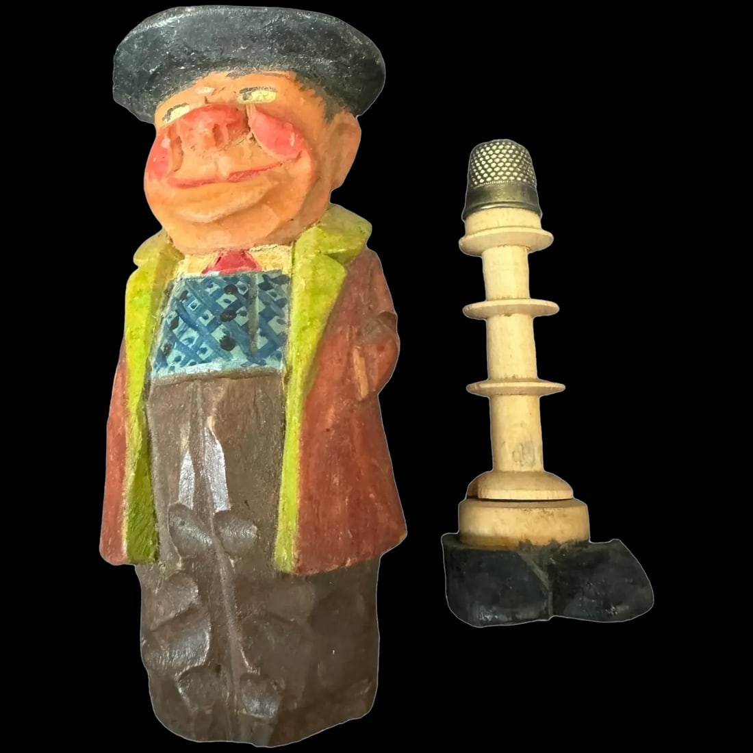 Vintage Hand Carved Painted wood figure Folk Art man Thimble Holder St Tropez (1 of 6)