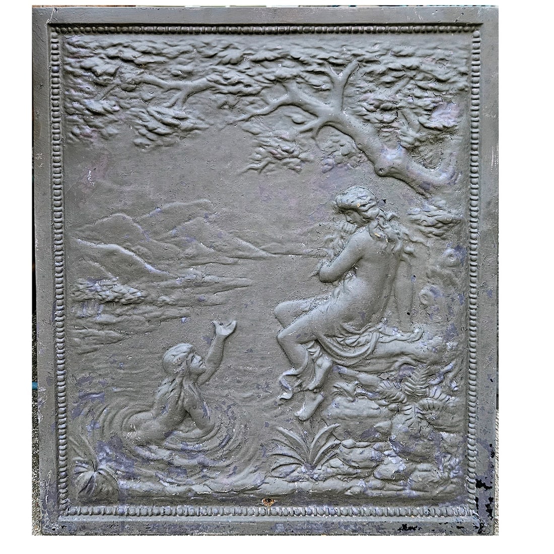 19th Century Cast Iron Embossed Fireback Depicting Maidens Bathing (1 of 9)