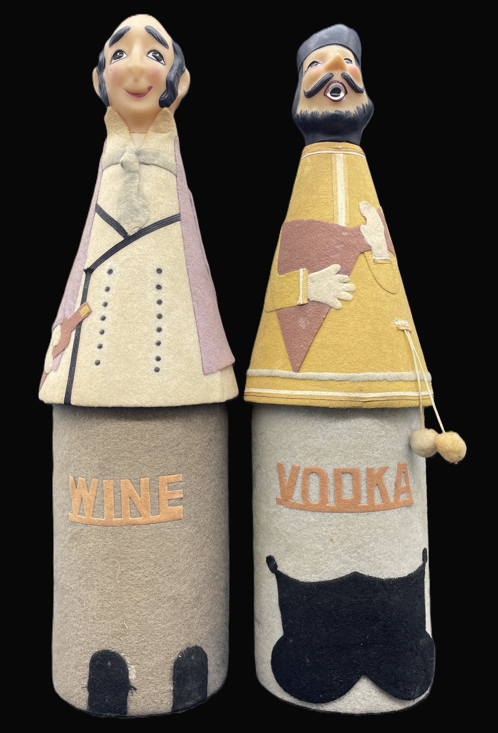 MCM Japan Wine and Vodka Bottle Covers: Title: MCM Japan Wine and Vodka Bottle Covers Date/Period: approx 1950's Dimension: approx 14" tall Material: likely felt and cardboard with plastic or rubber heads Additional Information: MCM Japan W