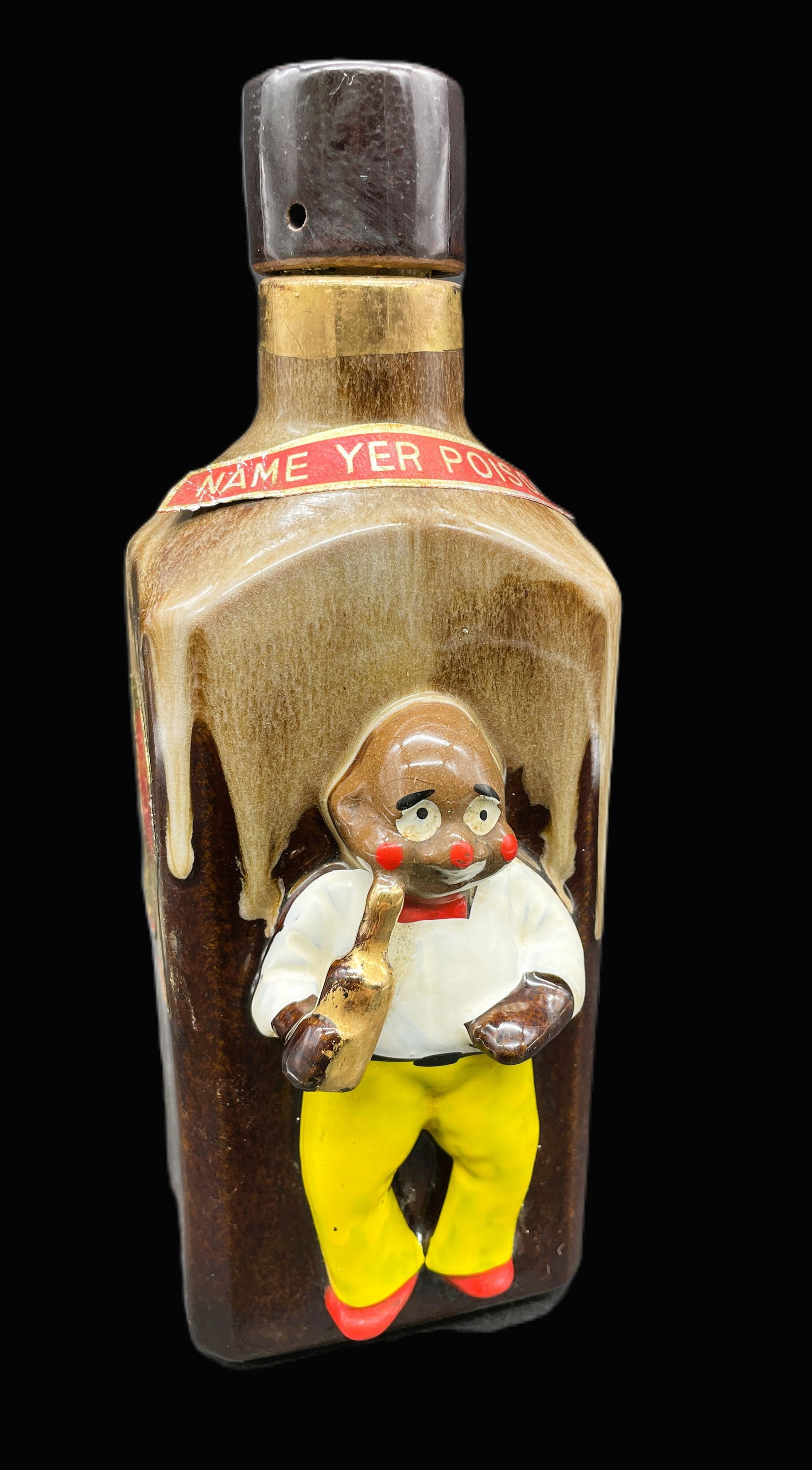 1950'S REDWARE LIQUOR BOTTLE & CORK NAME YOUR POISON EL STINKO JUNGLE JUICE: Title: 1950'S REDWARE LIQUOR BOTTLE & CORK NAME YOUR POISON EL STINKO JUNGLE JUICE Date/Period: Approx 1950's Dimension: Approx 8.5 x 3 Material: redware Additional Information: 1950'S REDWARE LIQUOR