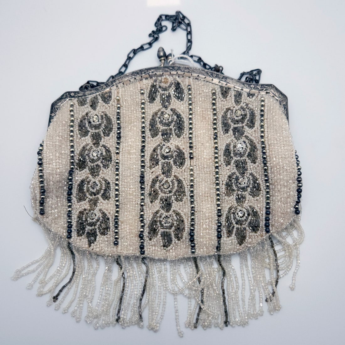 1920's Flapper White and Grey Beaded Purse with Rhinestones (1 of 13)
