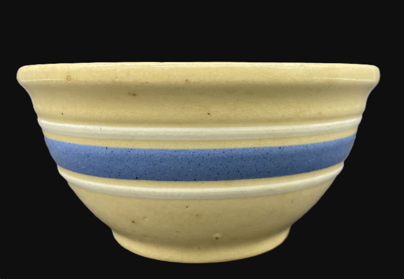 ANTIQUE YELLOW OVEN WARE POTTERY STONEWARE BOWL BLUE BANDS WITH WHITE STRIPES. This is the harder to (1 of 8)