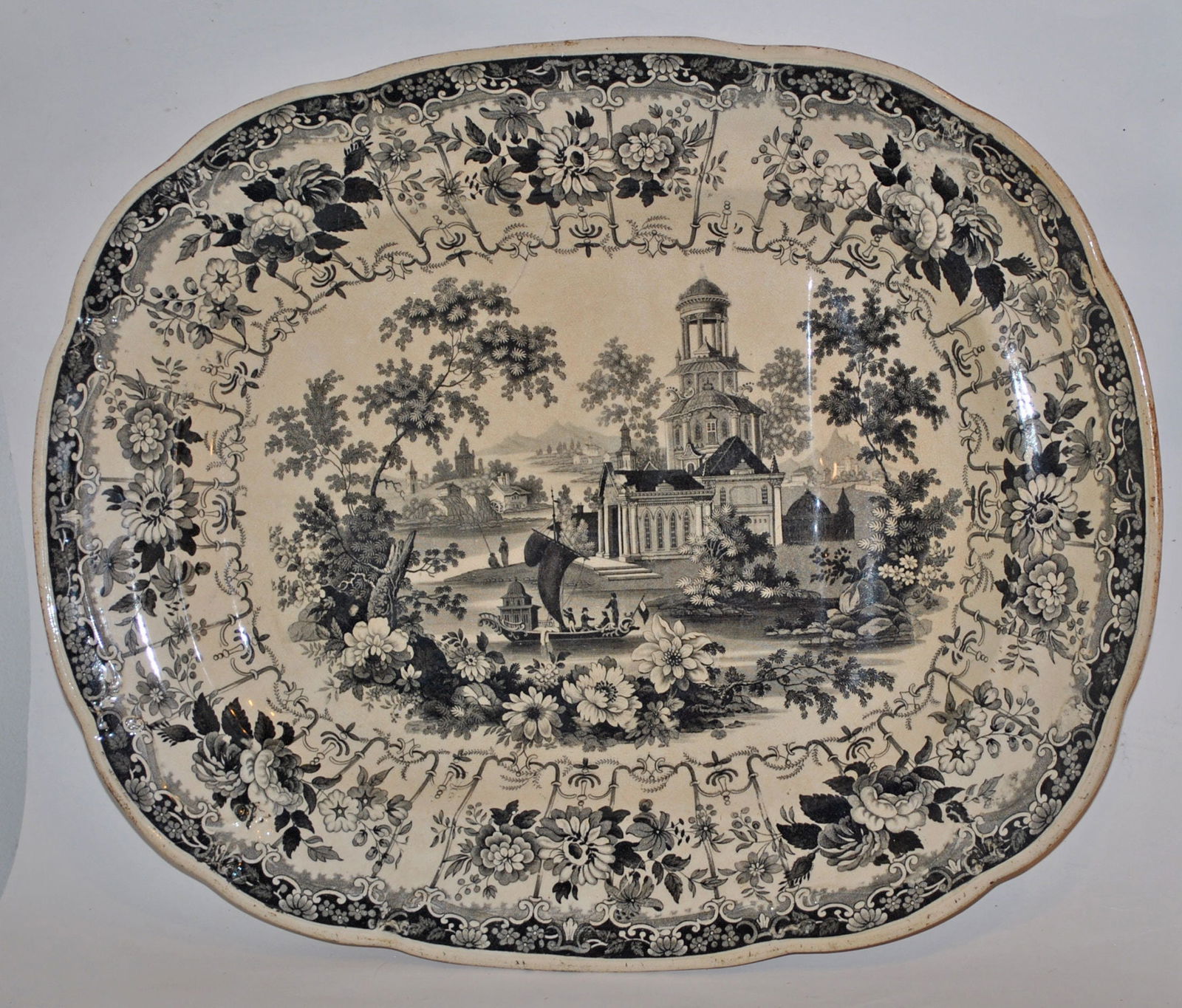 Antique Black Historical Transferware Platter 1830s, Enoch Wood and Sons "Venetian Scenery", 18-3/4 (1 of 10)