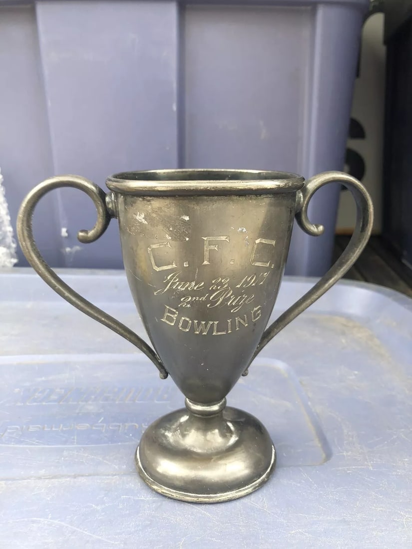 1917 5 7/8” Bowling Loving Cup Trophy: It measures 5 7/8” high x 6 1/2” and is dated 1917. It has wear as shown in the photos Shipping: Domestic: Flat-rate of $15.00 to anywhere within the contiguous U.S. International: Foreign