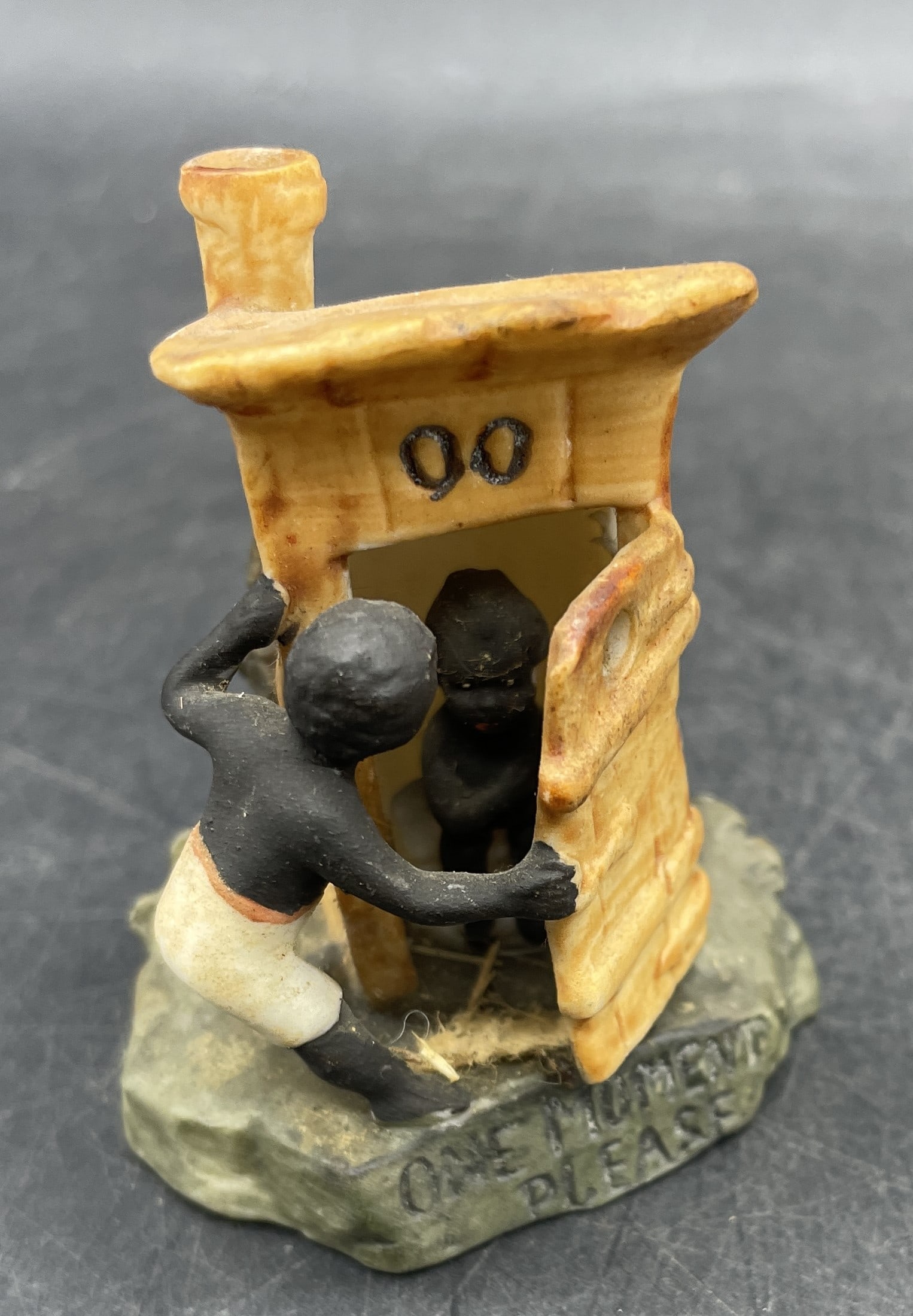 Rare German Black Americana Bisque Boys in Outhouse "One Moment Please": Title: Rare German Black Americana Bisque Boys in Outhouse "One Moment Please" Date/Period: Approx 1930's Dimension: Approx 2.5 x 2 Material: bisque Additional Information: Rare German Black Americana