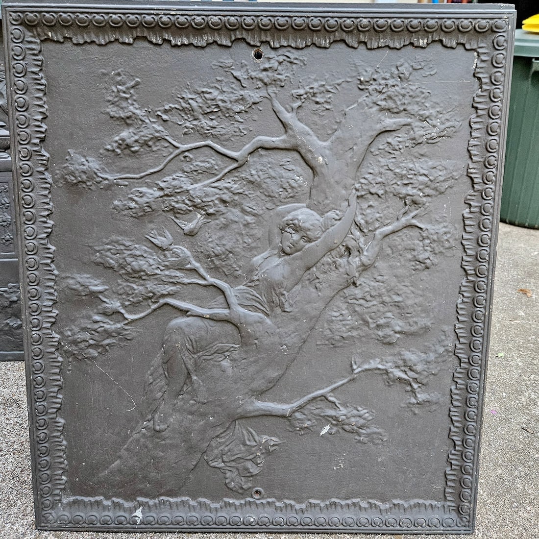 19th Century Cast Iron Embossed Fireback Depicting a Maiden in a Tree (1 of 7)
