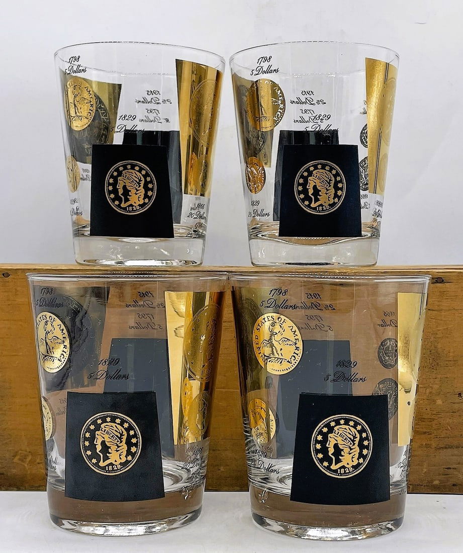 MCM 22k Cera Coin Double Old Fashion Glasses Bar Ware: Title: MCM 22k Cera Coin Double Old Fashion Glasses Bar Ware Date/Period: approx 1950-60's Dimension: 4.5" x 3.75" Material: Glass Additional Information: 4 qty MCM 22k Cera Coin Double Old Fashion Gl