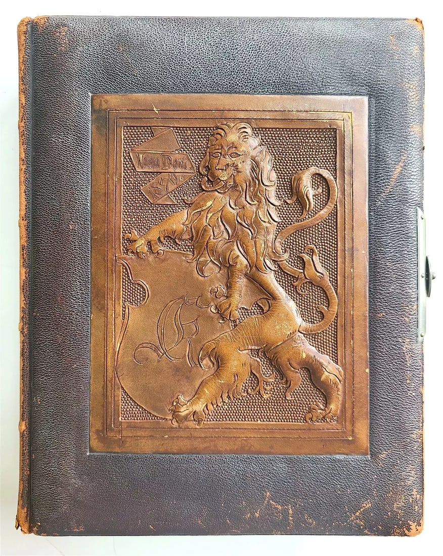 1890 PHOTO ALBUM VICTORIAN antique FOLIO w/ decorative LION cover (1 of 13)