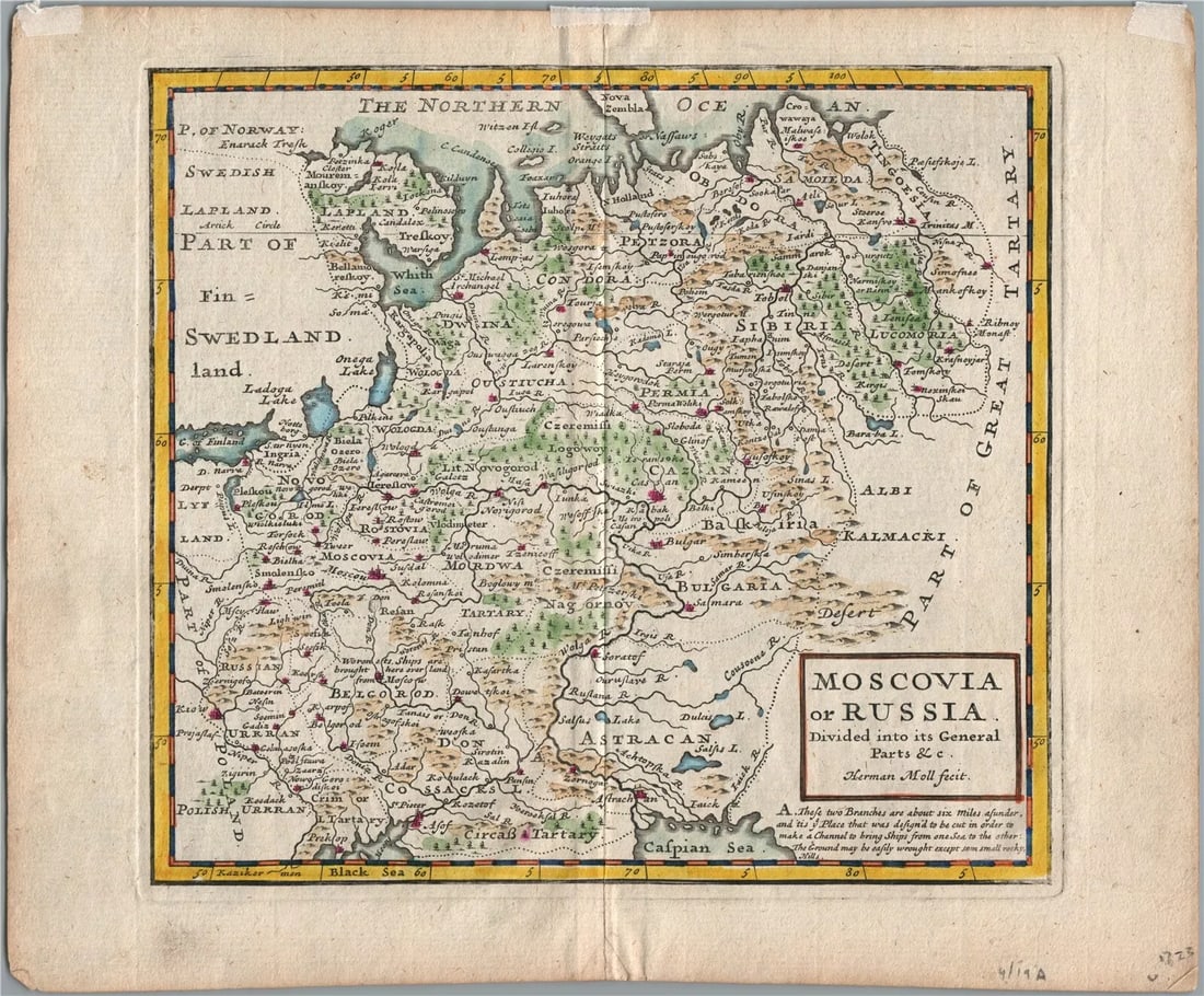 1701 MAP OF MOSCOVIA RUSSIA ENGLISH copper engraving ANTIQUE: Moscovia or Russia. Divided into its general parts &c. by Moll, Herman (Cartographer) London, Printed for Timothy Childe at the White Hart at the West-end of St. Paul's Church-yard; 1701 size 6 1/2 by