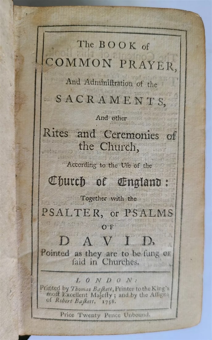 1758 BOOK OF COMMON PRAYER in ENGLISH ANTIQUE ILLUSTRATED: The Book of Common Prayer London: by Thomas Baskett, 1758 stitching strained at front, marbled endpapers, all edges gilt, Original red crushed morocco gilt, worn, front joint cracked, gilt decorated c
