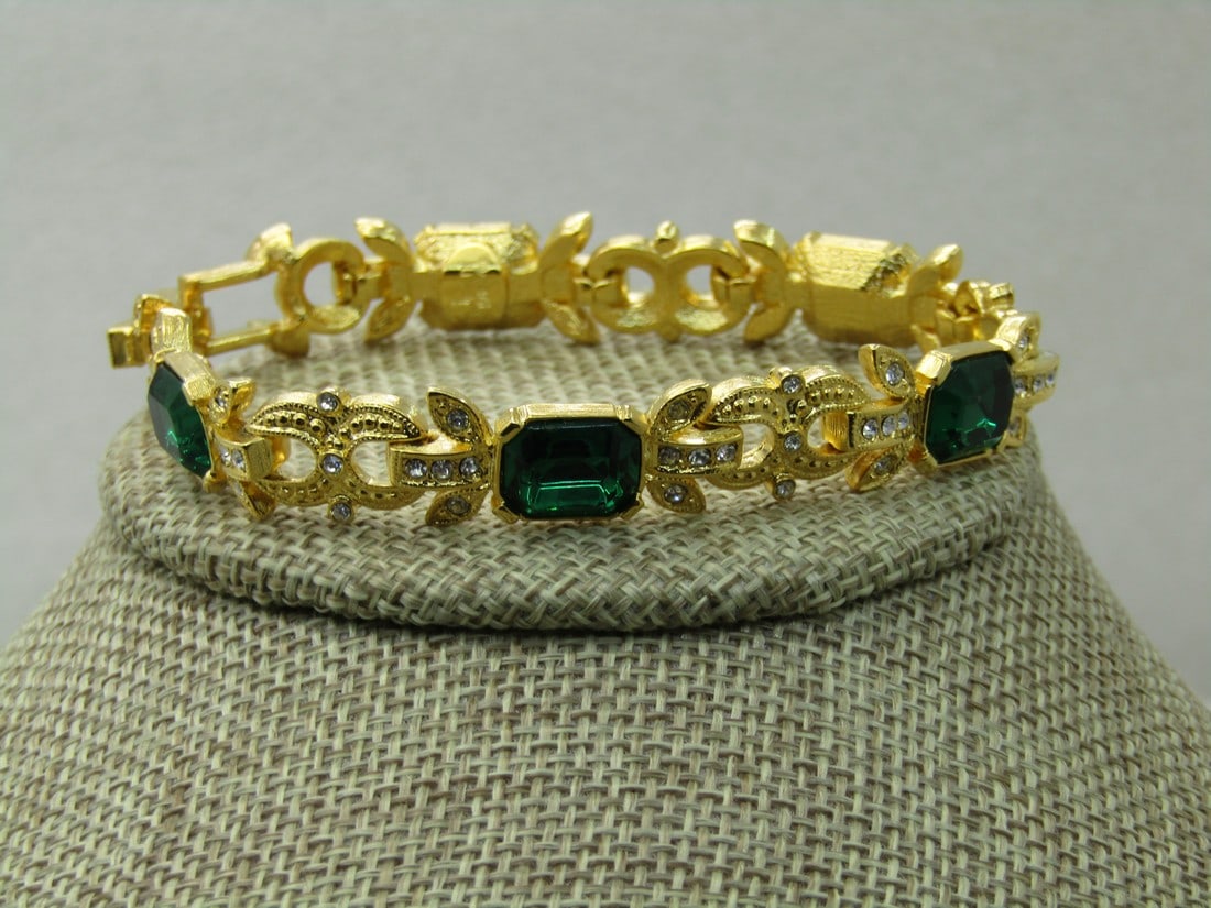 Vintage Joan Rivers Faux Emerald & Clear CZ Bracelet, 7.5" (1 of 6)