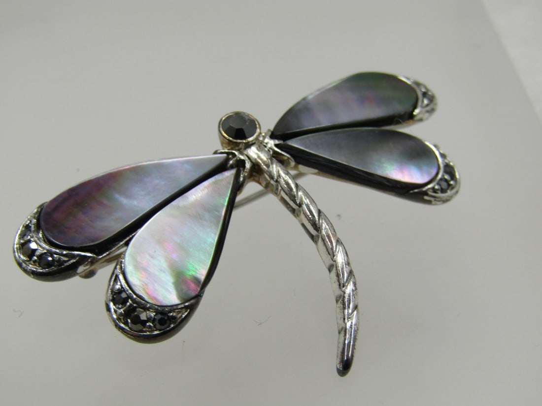 Vintage Abalone Rhinestone Dragonfly Brooch, Signed Monet, 1980's (1 of 5)