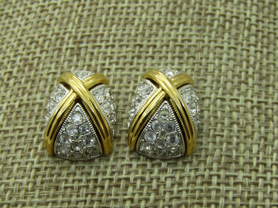 Vintage Joan Rivers Pave Crystal Two-Tone Earrings, Pierced, 3/4" (1 of 5)