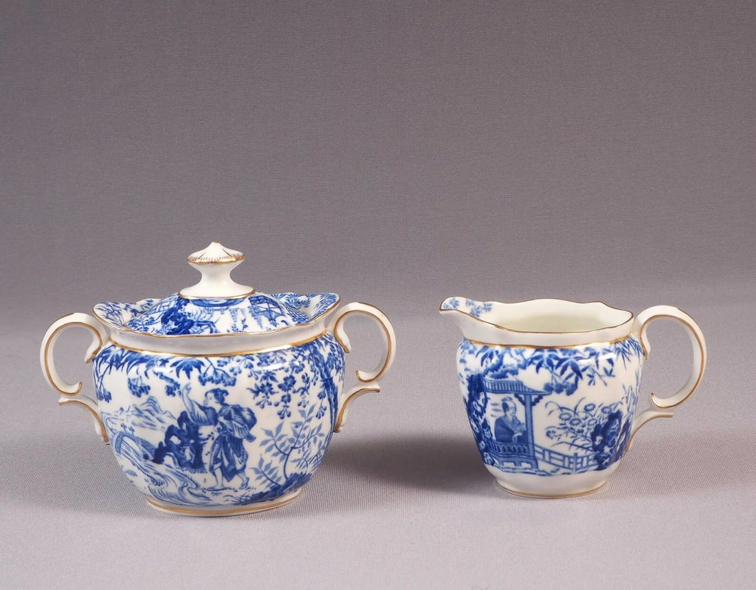 Blue Mikado Royal Crown Derby Lidded Sugar Bowl Creamer Milk Jug England: This beautiful, Bone china set of creamer and lidded sugar bowl. It is made by Royal Crown Derby in their famous Mikado collection. The Mikado pattern was designed in 1894 by Royal Crown Derby’s