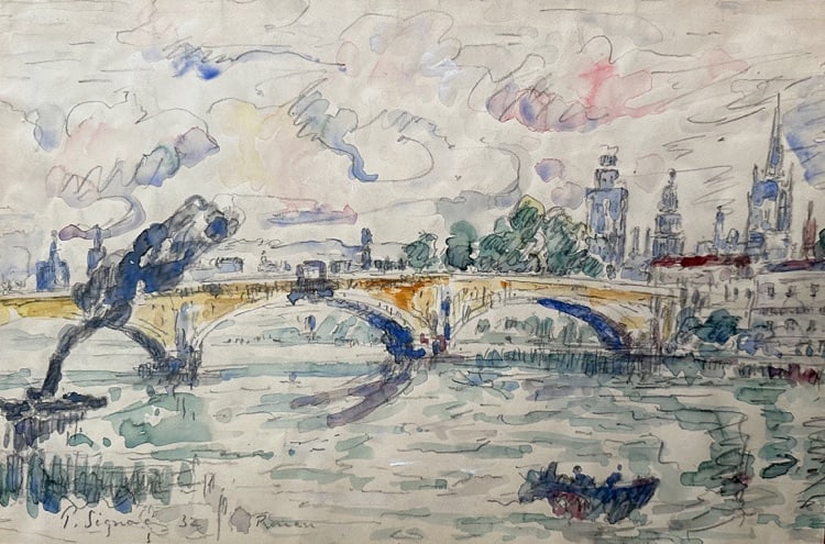 PAUL SIGNAC "ROUEN" ORIGINAL WATER COLOR AND GOUACHE PAINTING, SIGNED, 1932, 17 1/2 X 11 1/2, GOOD (1 of 6)