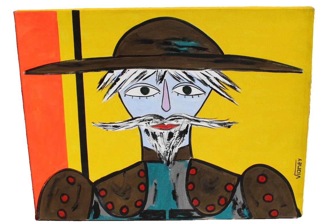 VIANEY (Colombia/NY Cool Art) Don Quixote Original Acrylic painting on canvas: VIANEY (Colombia - New York). Big $$$$$$ Artist. Creator of the Cool Art Movement. Don Quixote, 30" x 38-1/4" acrylic on canvas, signed lower right edge: Vianey. Unframed. Has not been wired for hangi