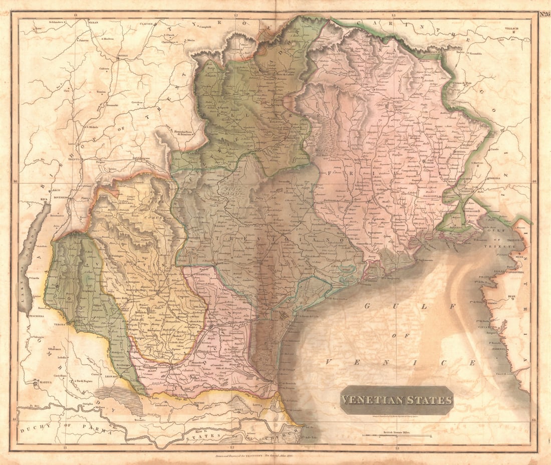 Venetian States: Title:Venetian States Publication Date: 1817 Cartographer:THOMSON, JOHN & CO. Publisher: JOHN THOMSON, JUNR. & CO. Height: 19.75 Width: 23.3 No.26 from Thomson's New General Atlas 1817. N. R. Hewitt,