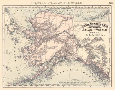 Rand, McNally & Co.'S Indexed Atlas of the World Map of Alaska: Title:Rand, McNally & Co.'S Indexed Atlas of the World Map of Alaska Publication Date: 1892 Cartographer:RAND, MCNALLY & CO. Publisher: RAND, MCNALLY & CO. Height: 9.3 Width: 11.8 Map showing AK with