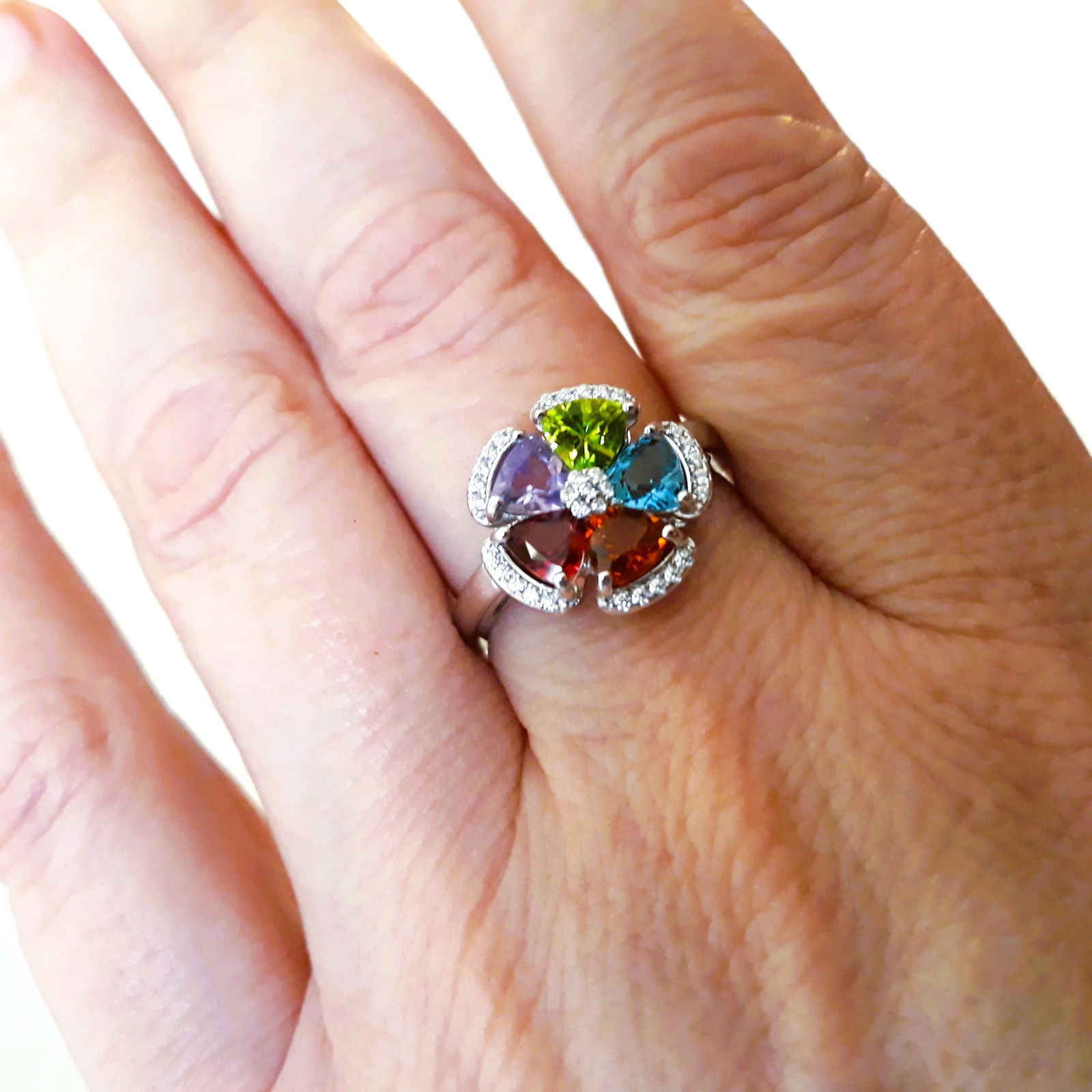 925 Sterling Silver Flower Ring with Natural Amethyst Topaz Citrine Garnet & Peridot Open Adjustable (1 of 4)