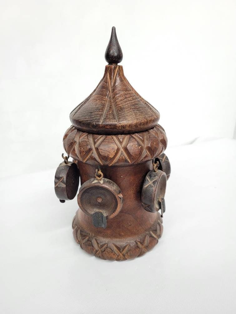 Mid Century Tobacco Jar Wood Carved Spanish Matching Individual Ashtrays Folk Art Tiki Bar (1 of 10)