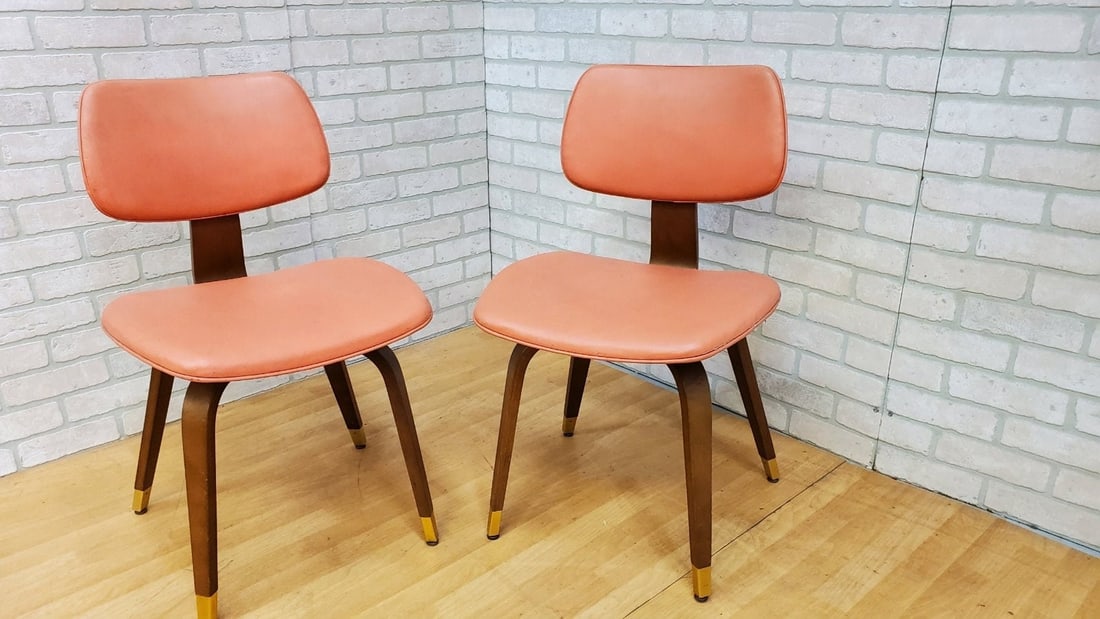 Mid Century Modern Bentwood Accent Dining Chairs with Brass Tips by Bruno Weil for Thonet - Pair: Vintage from the 1960s Materials: walnut, wood, bentwood, brass, leatherette Overall width: 19 inches Overall height: 31 inches Overall depth: 21 inches Seat height: 17.5 inches Mid Century Modern Be