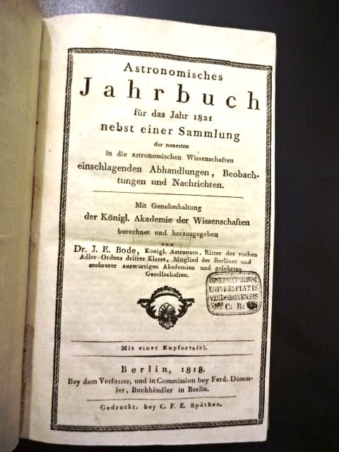 1818 German Astronomy Yearbook: Astronomisches Jahrbuch fur dad Jahr 1821 nebst einer Sammlung.., by Dr, J E Bode, printed at Berlin 1818. 252 pages of tables and calculations, Folding engraving at end including Celestial Polar view