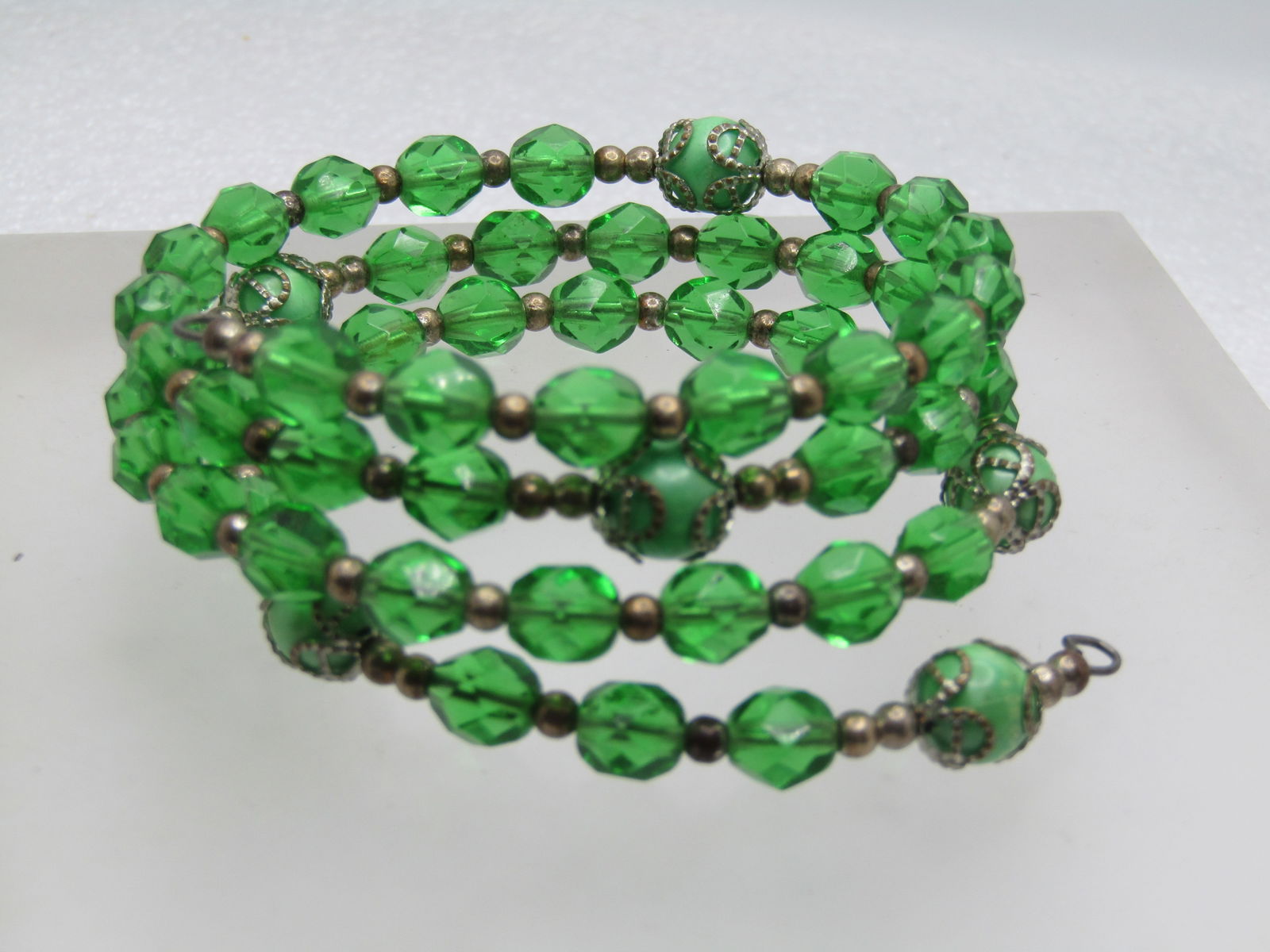 Vintage Green Crystal Beaded Wrap Bracelet, Faux Pearl, 6.75 " Adjustable, 1960's (1 of 6)
