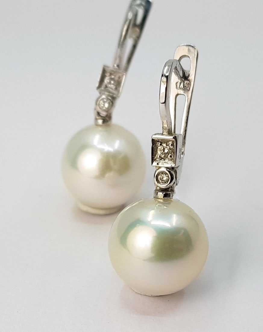 11x12mm Round White Edison Pearls - 0.07ct - 14 kt. White gold - Earrings (1 of 8)