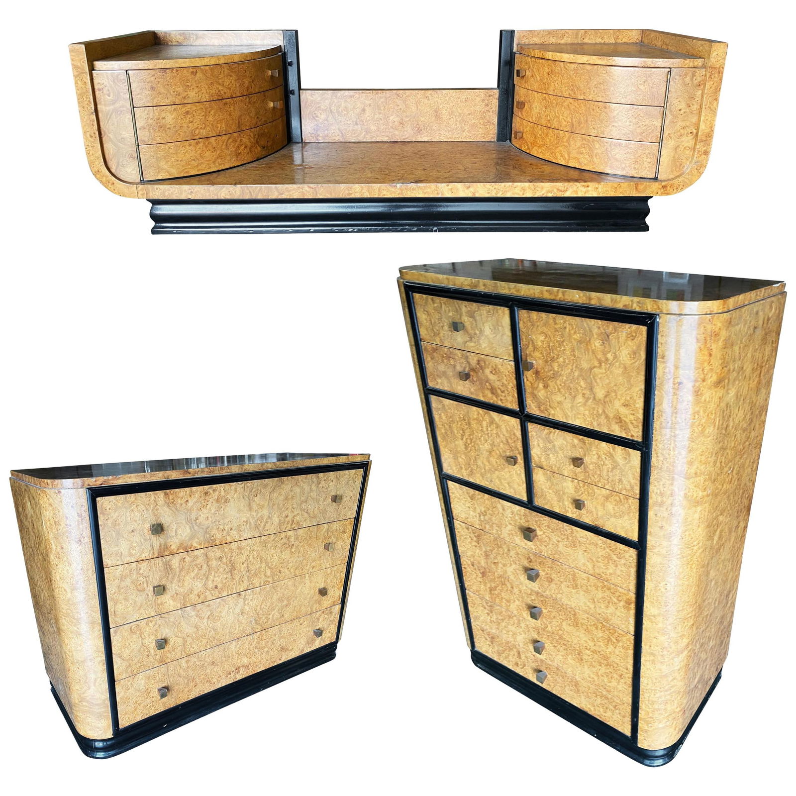 High Style Art Deco Bronze and Bird's-Eye Dresser and Vanity Set Bedroom Set: Title: High Style Art Deco Bronze and Bird's-Eye Dresser and Vanity Set Bedroom Set Additional Information: Original English European high style Art Deco bronze and bird's-eye matching bedroom set fea