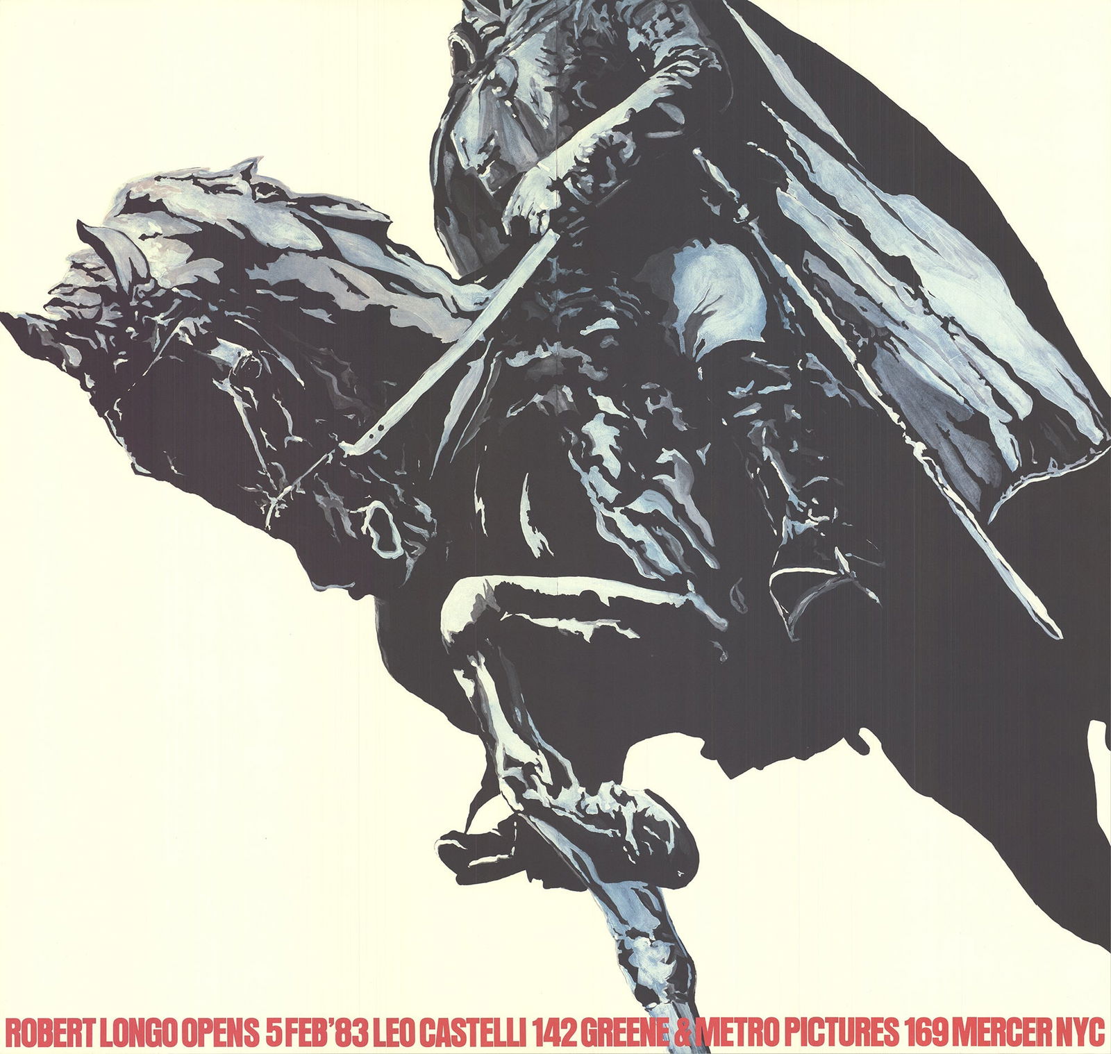 Robert Longo - Leo Castelli Gallery & Metro Pictures - 1983 Lithograph 33.5" x 35.25": Leo Castelli Gallery & Metro Pictures by Robert Longo, 1983 Unsigned Lithograph. Paper size is 33.5 x 35.25 inches, with an image size of 33.5 x 35.25 inches. The Lithograph is from an unknown edition