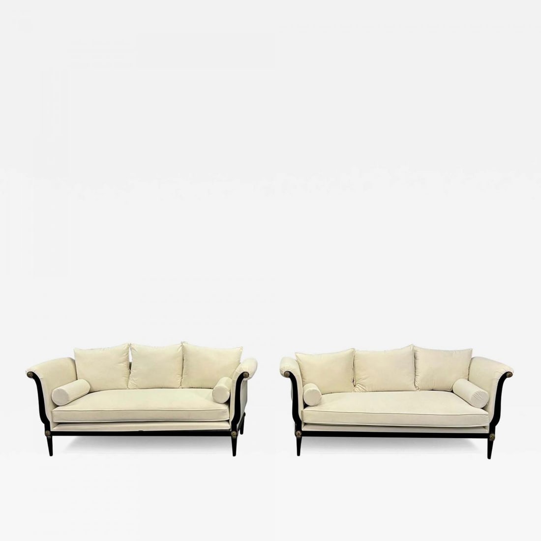 Pair of Steel and Bronze Sofas / Settees, Hollywood Regency, Peter Marino Style: Pair of Steel and Bronze Sofas / Settees, Hollywood Regency, Peter Marino Style Directoire style blackened steel sofa, heavy flat bar steel, gilt bronze florets, with straight back and outward scrolli
