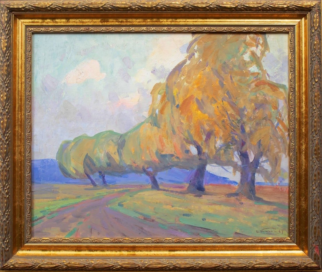 Tyukha Ivan (Ukrainian artist), "In the evening", oil on cardboard: ARTIST: Tyukha Ivan Andriyovich (1920 – 2000), Kyiv artistTITLE: "In the evening"SIZE: 40 x 50 cm, (15 3/4 x 19 3/4 in.)MEDIUM: oil on cardboardYEAR OF CREATION: 1967CONDITION: Good vintage conditio