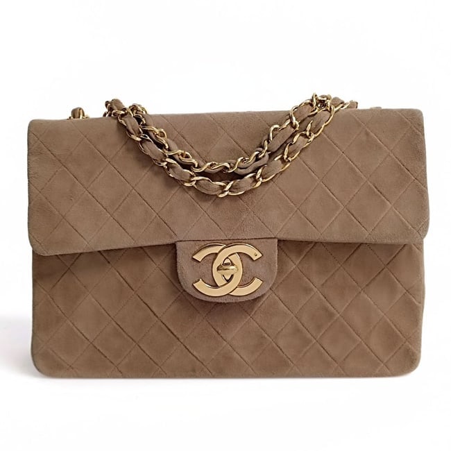 CHANEL Big Matelassè Classic single flap bag in beige suede (1 of 1)