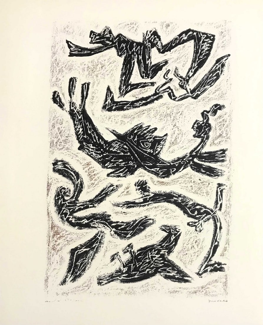 1973 Andre Masson Poursuite en Noir et Bistre N. 28: Artist: Andre Masson Country: France Title: Poursuite en noir et bistre - 28 Medium: Offset Marks: Fascimile Signature Paper Size: 14 x 11.75 inch Printed: 1973 in Switzerland Provenance: Masson
