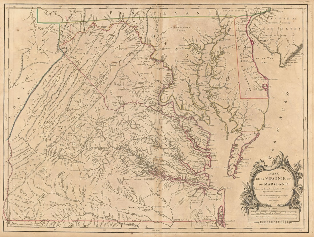Carte de la Virginie et du Maryland Virginia Chesapeake Bay. VAUGONDY 1755 map (1 of 1)