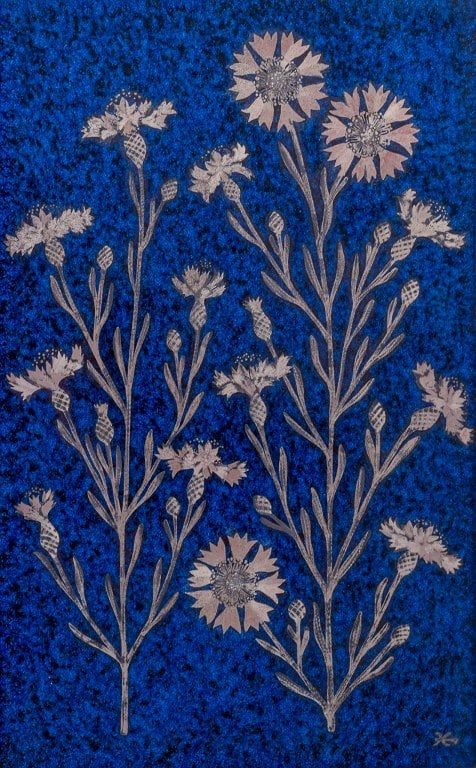 Heinz Erret (1920-2003) for Gustavsberg, Sweden. Large wall relief in stoneware decorated with: Heinz Erret (1920-2003) for Gustavsberg, Sweden. Large wall relief in stoneware decorated with silver flowers on a dark blue background. From the 1970s. Marked: Östergötland, Blåklint,
