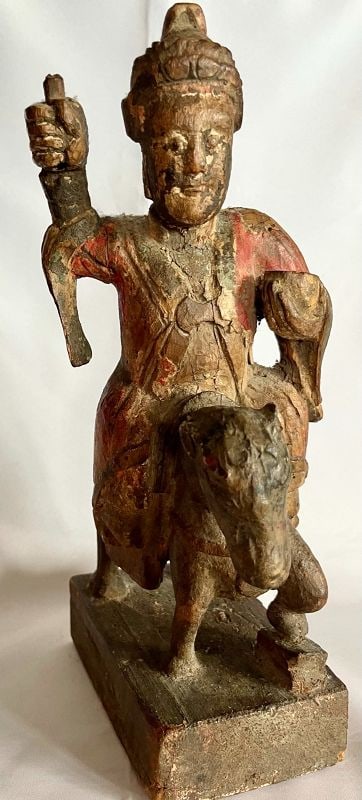 Antique Chinese Wood Sculpture of a General on Horseback: Qing Dynasty (1644-1912), Ca 18th century Chinese Wood Sculpture of a General on Horseback, with original pigments. 11 x 5 x 3.25 inches, 28 x 13 x 8 cm. Purchased from Askenasi in Paris in 1978 by Ir